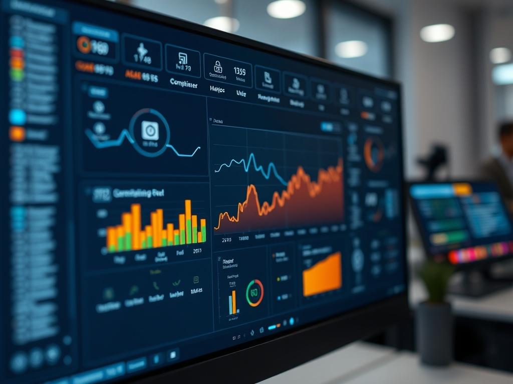 A close-up shot of a compliance dashboard on a computer screen, showcasing graphs and metrics with biometric icons. The environment is modern and professional, illuminated with rgb(50, 170, 39) highlights to create a trustworthy atmosphere.