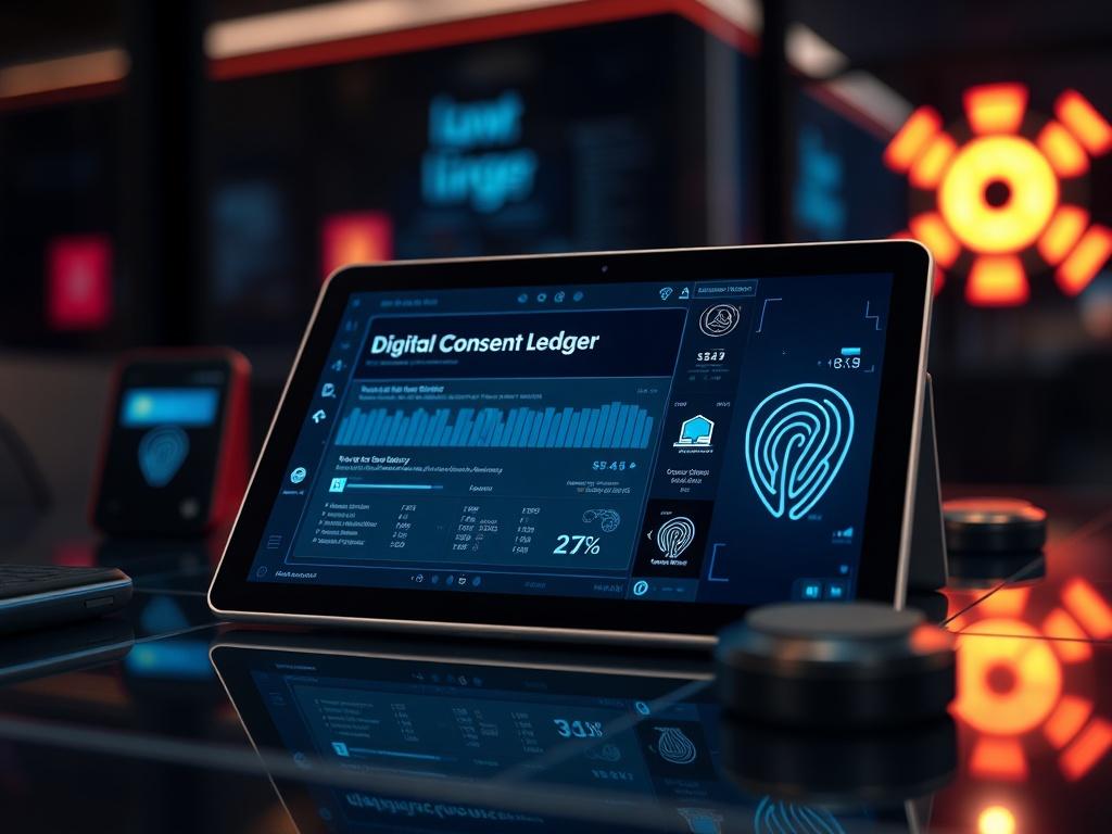 A high-resolution image depicting a digital consent ledger interface on a tablet, surrounded by biometric elements like fingerprint and facial recognition sensors. The setting is sleek and modern, with an rgb(50, 170, 39) accent lighting to add a tech-forward ambiance.
