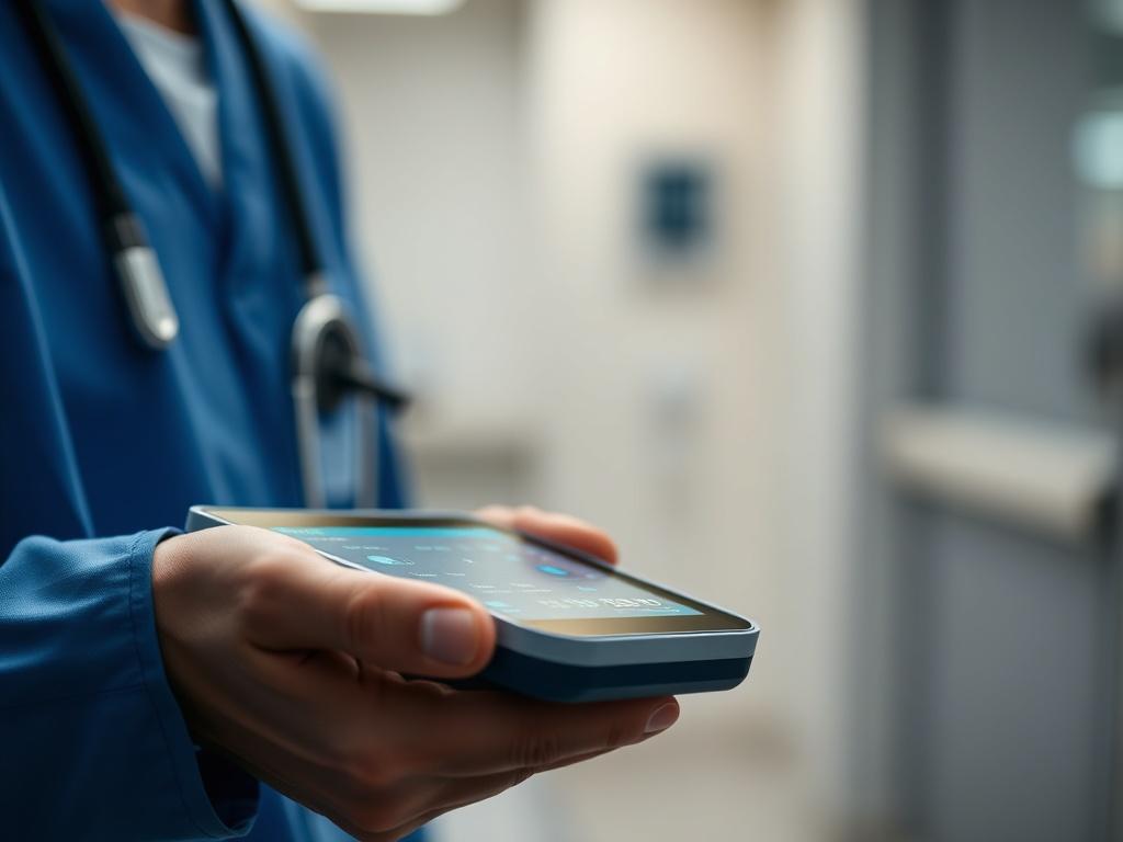 A close-up shot of a healthcare professional using biometric technology for patient consent verification. The image should showcase a digital interface displaying real-time data, with a calm and professional atmosphere. The background should be softly blurred, emphasizing the focus on the biometric device in the foreground.
