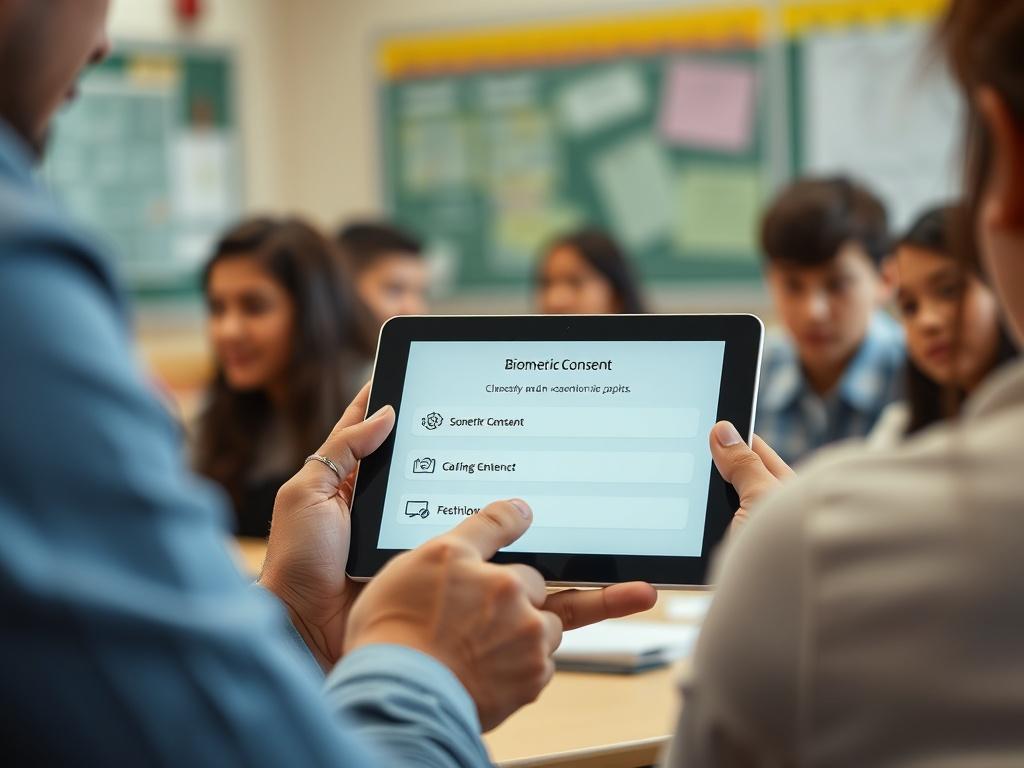 A close-up shot of a classroom setting where a teacher is using biometric consent technology on a tablet. The focus should be on the tablet screen displaying consent options, with students engaged in the background. The atmosphere should convey a sense of trust and learning.