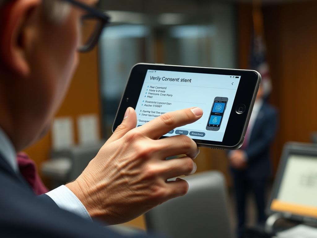 A close-up shot of a government official using biometric technology to verify consent on a secure device. The image should depict a serious and professional environment, with an emphasis on the device displaying consent verification details. The background should reflect a government office atmosphere.