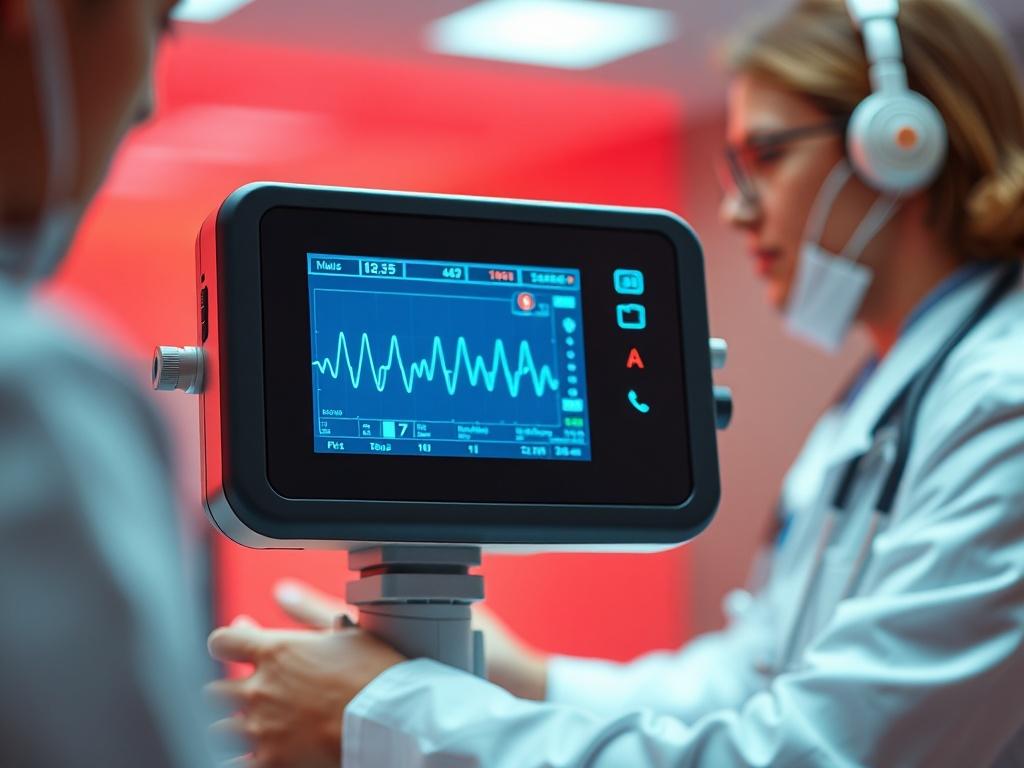 A close-up shot of a biometric device being used in a healthcare setting. The device displays biometric data on a screen while a healthcare professional interacts with a patient. The background is softly blurred, emphasizing the device's technology and its application in a clinical environment. The overall color scheme incorporates shades of red, aligning with the rgb(245, 77, 77) primary color.