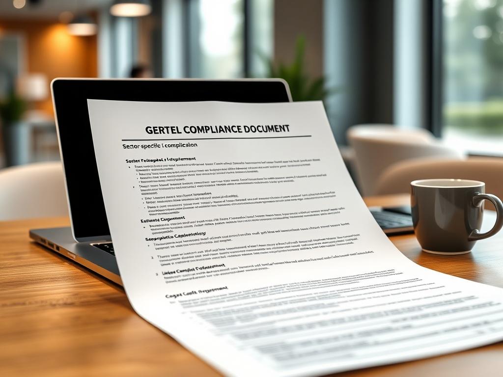 A close-up shot of a professional-looking compliance document being reviewed on a modern desk, with a laptop open and a cup of coffee beside it. The focus is on the document, highlighting sector-specific compliance elements, with a blurred background of a bright office space to convey a sense of professionalism and efficiency.