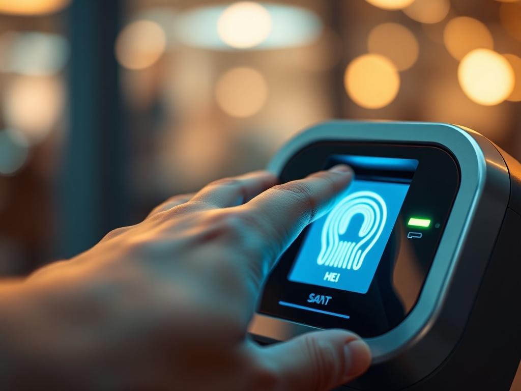 A hyper-realistic close-up shot of a biometric scanner in action, showcasing a user's hand placed on the device. The background is softly blurred to emphasize the scanner, with a warm color palette that complements the rgb(245, 77, 77) primary color. The lighting highlights the intricate details of the scanner, conveying a sense of advanced technology and trust.