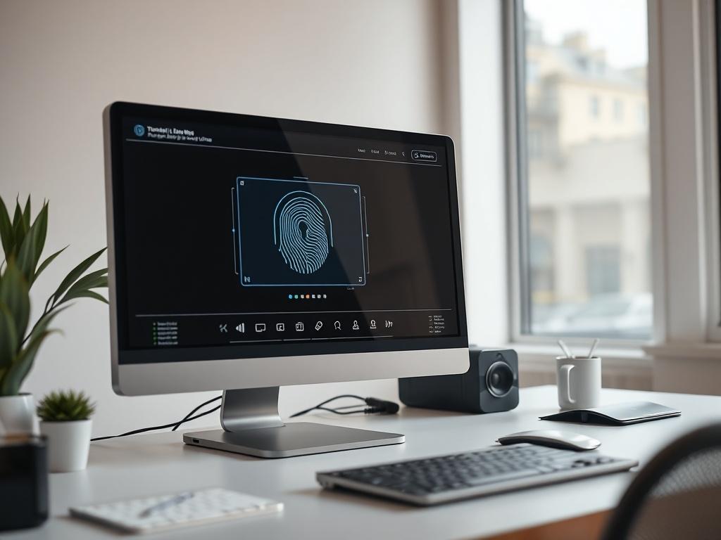 A close-up shot of a modern workspace featuring a sleek computer setup with biometric technology displayed on the screen. The background is simple and uncluttered, showcasing a minimalistic design with natural light coming through a window. The color scheme incorporates shades of rgb(122, 86, 4), creating a warm and inviting atmosphere. The focus is on the technology interface, highlighting the innovative aspect of Trustwall LLC's services.