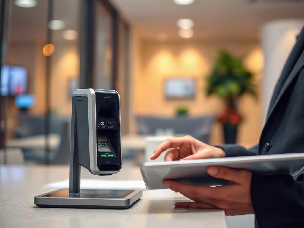 Create a hyper-realistic close-up shot of a modern bank office setting. The image should feature a focused view of a biometric device being used by a professional in a suit, analyzing client data on a sleek digital tablet. The background should be softly blurred, highlighting the professionalism and technology in the finance sector. The lighting should be warm and inviting, with the primary color scheme compatible with rgb(122, 86, 4).