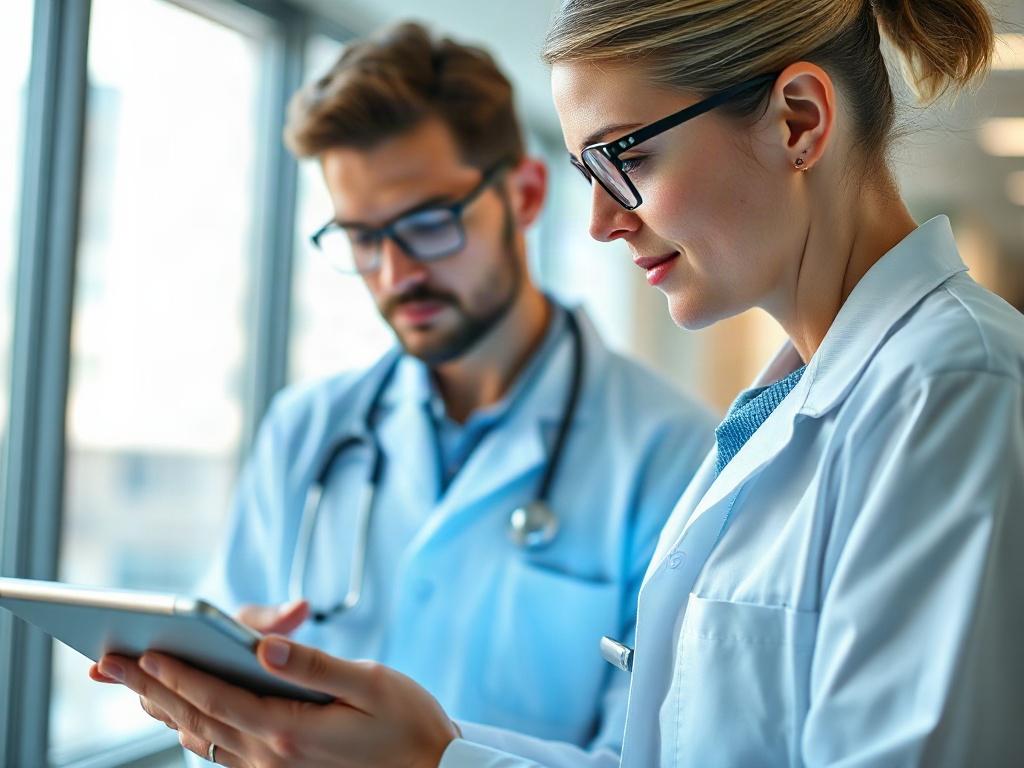 A close-up shot of a healthcare professional reviewing digital patient records on a tablet, with biometric verification technology integrated. The background should be a modern healthcare environment, showcasing trust and security. The lighting should be bright and inviting, emphasizing the importance of patient data protection.