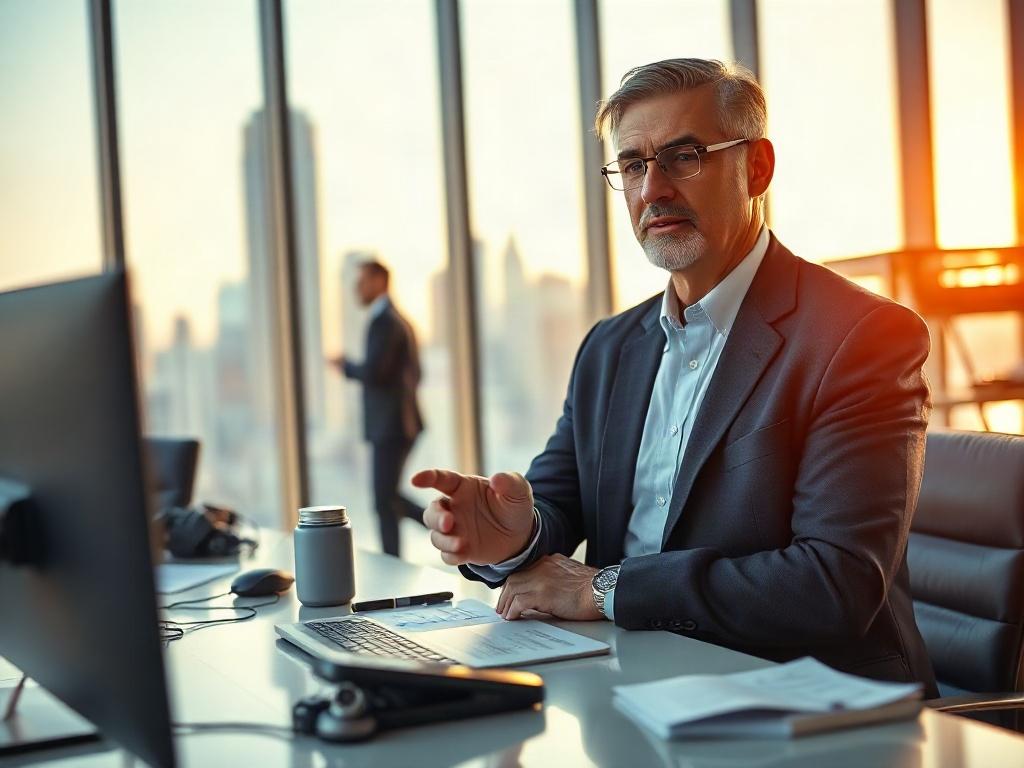 A close-up shot of a confident business leader in a modern office setting, with a city skyline visible through large windows. The leader, a middle-aged individual, is engaged in a discussion, showcasing a determined expression. The office is sleek and minimalistic, featuring a large desk with high-tech gadgets. The lighting is bright and professional, adding an air of innovation and leadership. The color palette includes warm tones, enhancing the inviting atmosphere.
