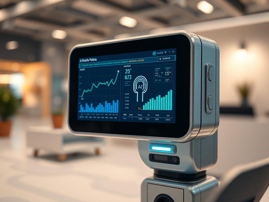 A close-up shot of a high-tech biometric device displaying real-time data analytics related to AI trust and consent protection. The background features a sleek, modern workspace with soft lighting, emphasizing innovation and technology. The device should be the focal point, showcasing its biometric features with intricate details, shot with a 45mm f/1.2 lens style.