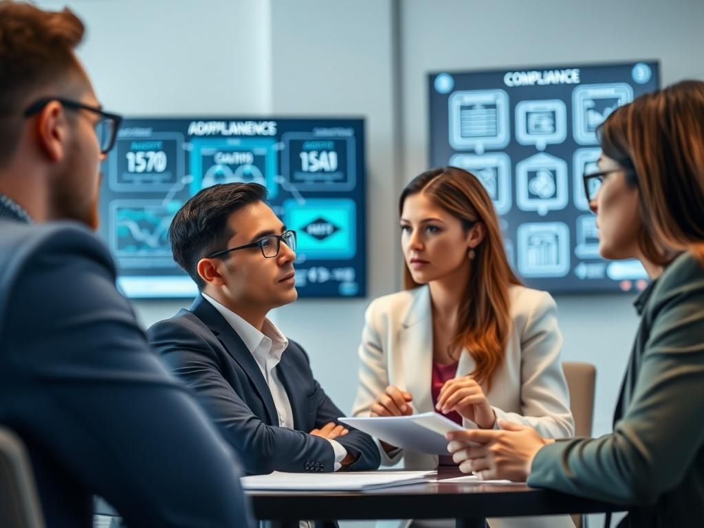 A close-up shot of a team of professionals discussing compliance strategies, with digital displays showcasing adaptive frameworks in the background. The setting is a modern conference room, emphasizing collaboration and innovation. The image captures an engaging moment of teamwork and focus.