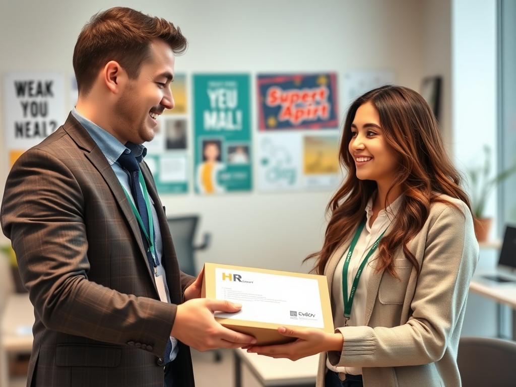 A close up shot of a new employee receiving an
