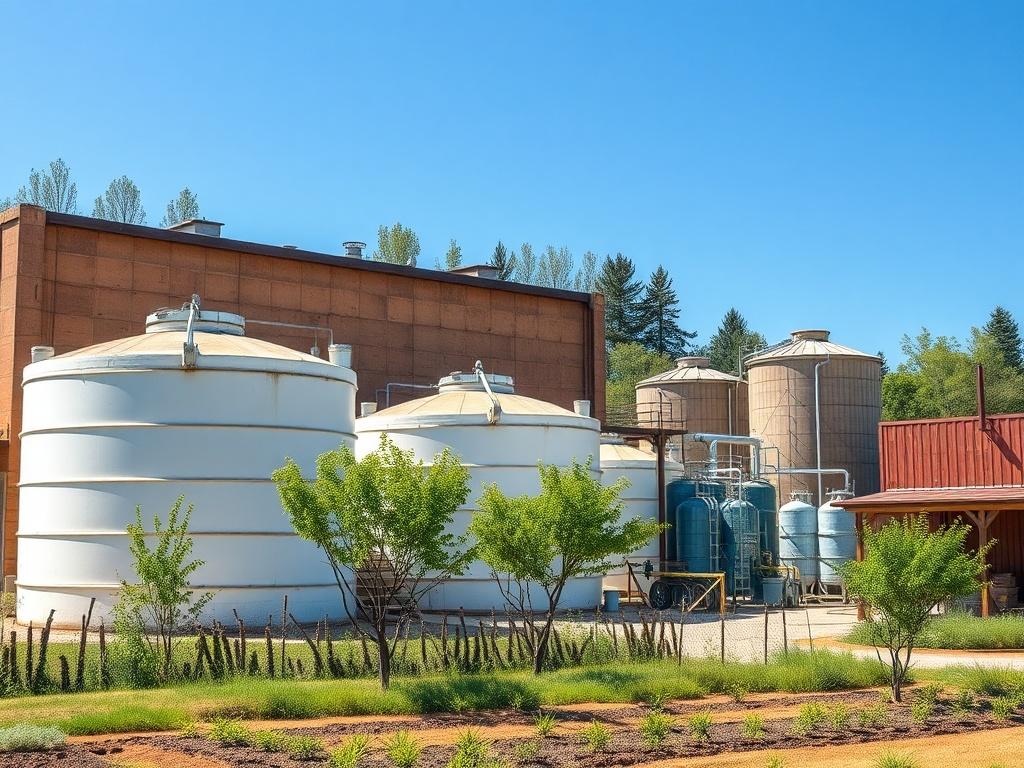 A rustic biodiesel production facility with large storage tanks and