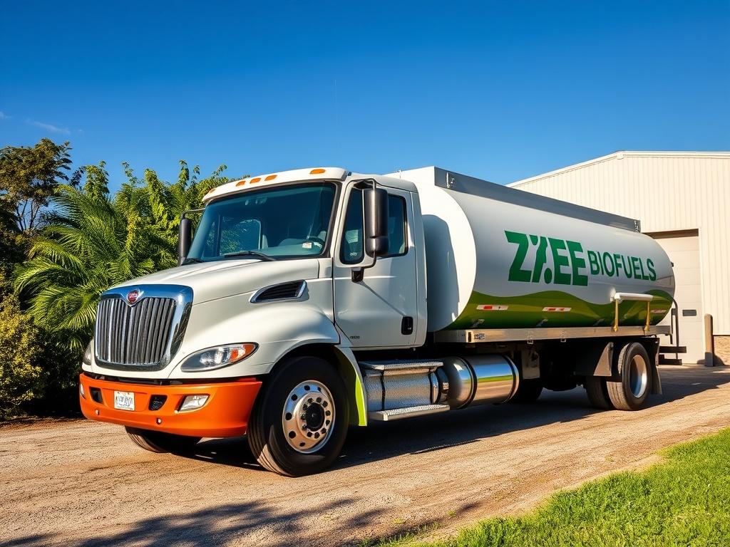 An image depicting a biodiesel delivery truck parked outside a