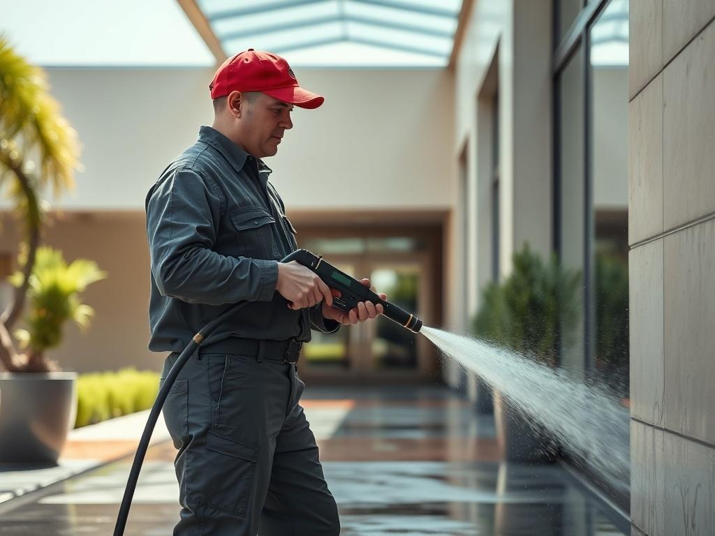 A close-up shot of a professional pressure washing technician cleaning a commercial building's entrance. The technician is wearing a uniform and using a high-pressure washer, with water spraying off the surface. The background shows a well-maintained corridor and the building facade, highlighting the difference between the clean and dirty sections. The image should reflect a sunny day to emphasize the cleanliness and vibrancy of the space, with realistic colors and textures.