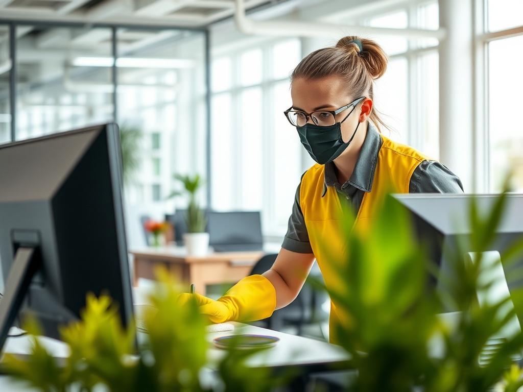A professional cleaner in a uniform meticulously cleaning a modern