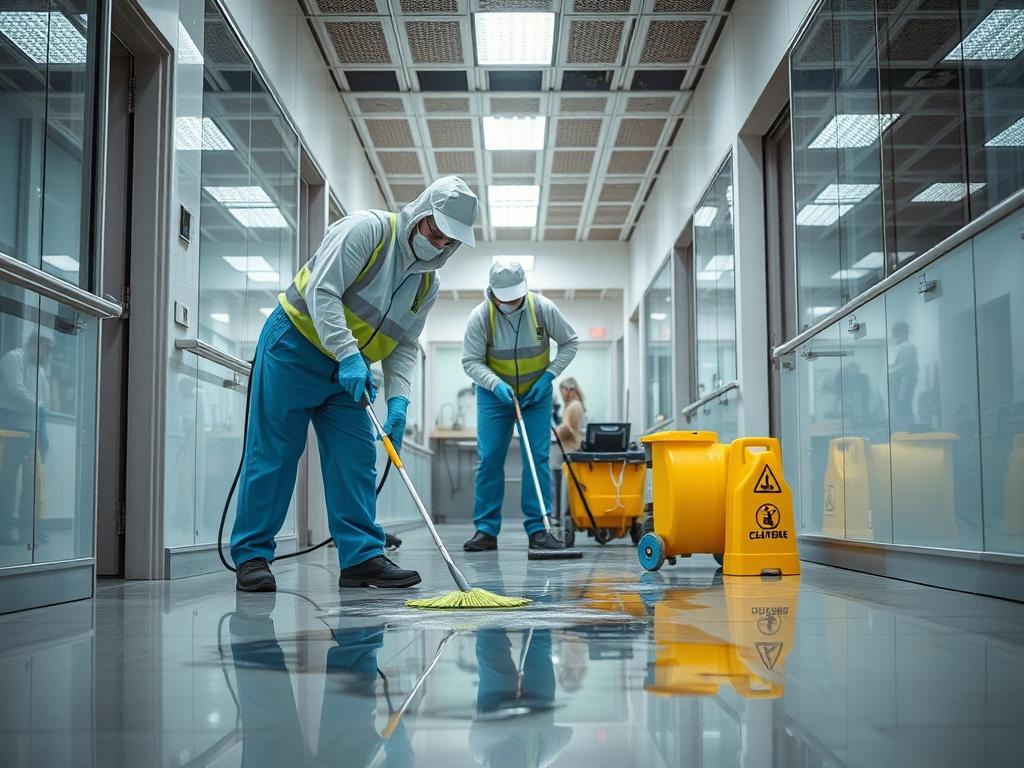 A team of professional cleaners responding to an emergency situation