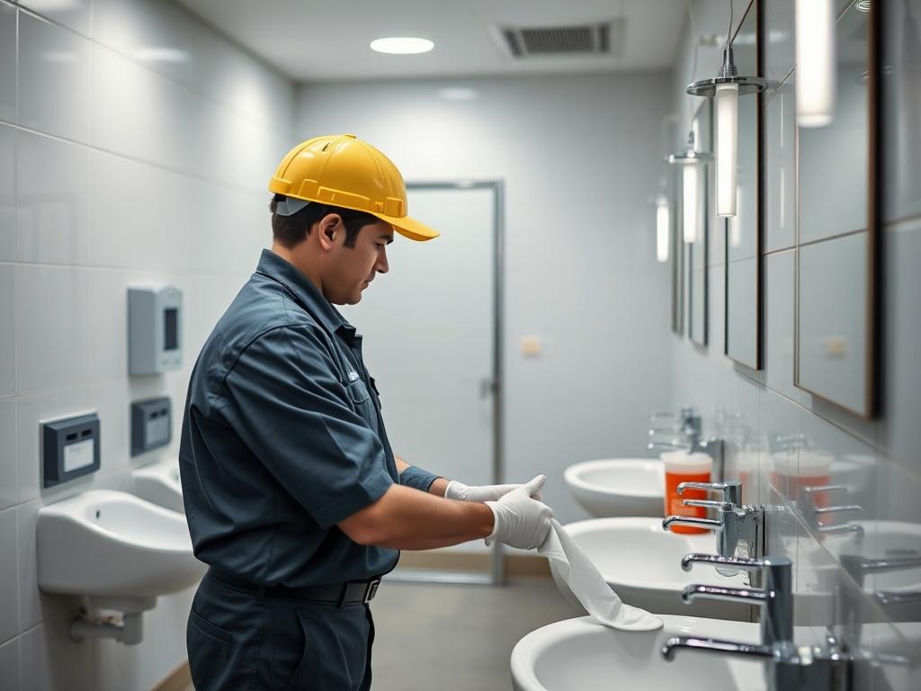 A janitor in a uniform performing cleaning tasks in a
