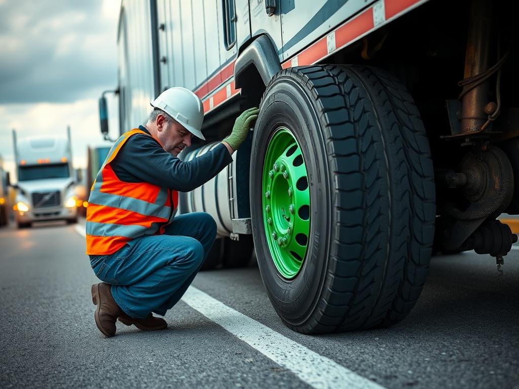 A close-up shot of a technician performing a tire change on a semi truck. The technician is wearing safety gear and is focused on the task, showcasing the tire being replaced. The background is a blurred image of a busy roadside, with other trucks nearby, emphasizing the mobile service aspect. The colors are vibrant, highlighting the green of the tires against the road and truck body.