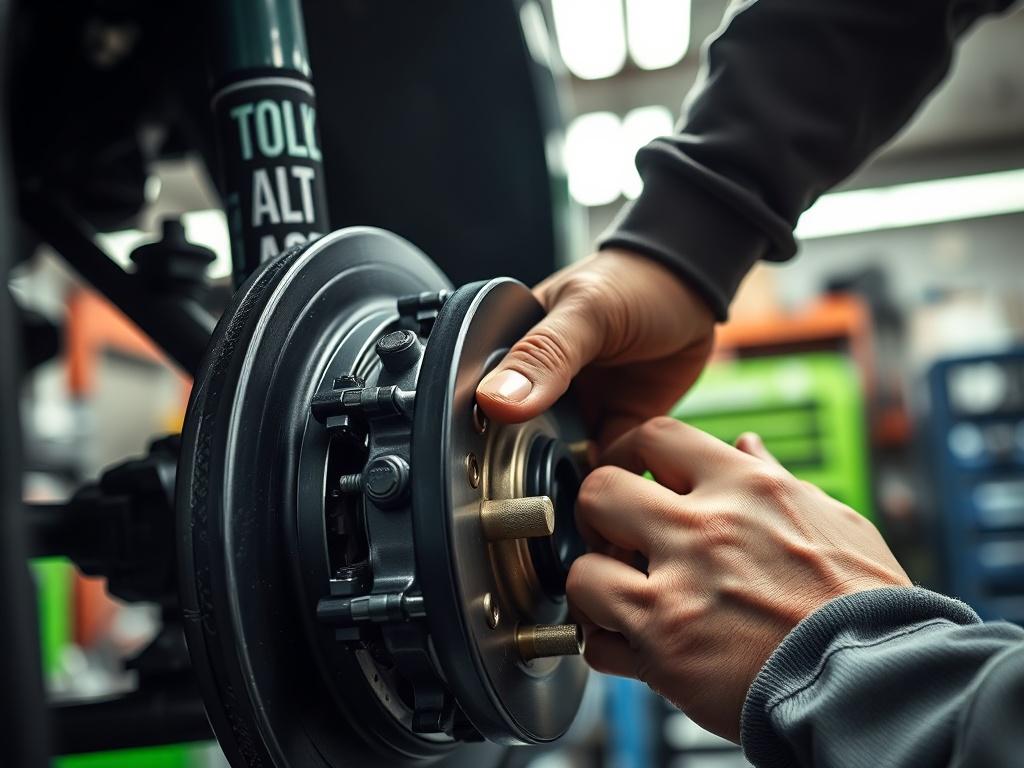 A close-up shot of a mechanic working on a car's brake system, showcasing detailed tools and parts. The background should be a well-lit garage environment, highlighting the professionalism and expertise of automotive repairs. The image should be hyper-realistic, focusing on the mechanic's hands and the intricate components of the brake system, with a vibrant green color accent to match the RGB(50, 170, 39) primary color.
