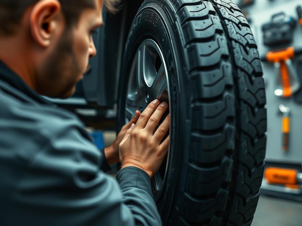 A detailed close up of a technician replacing a tire