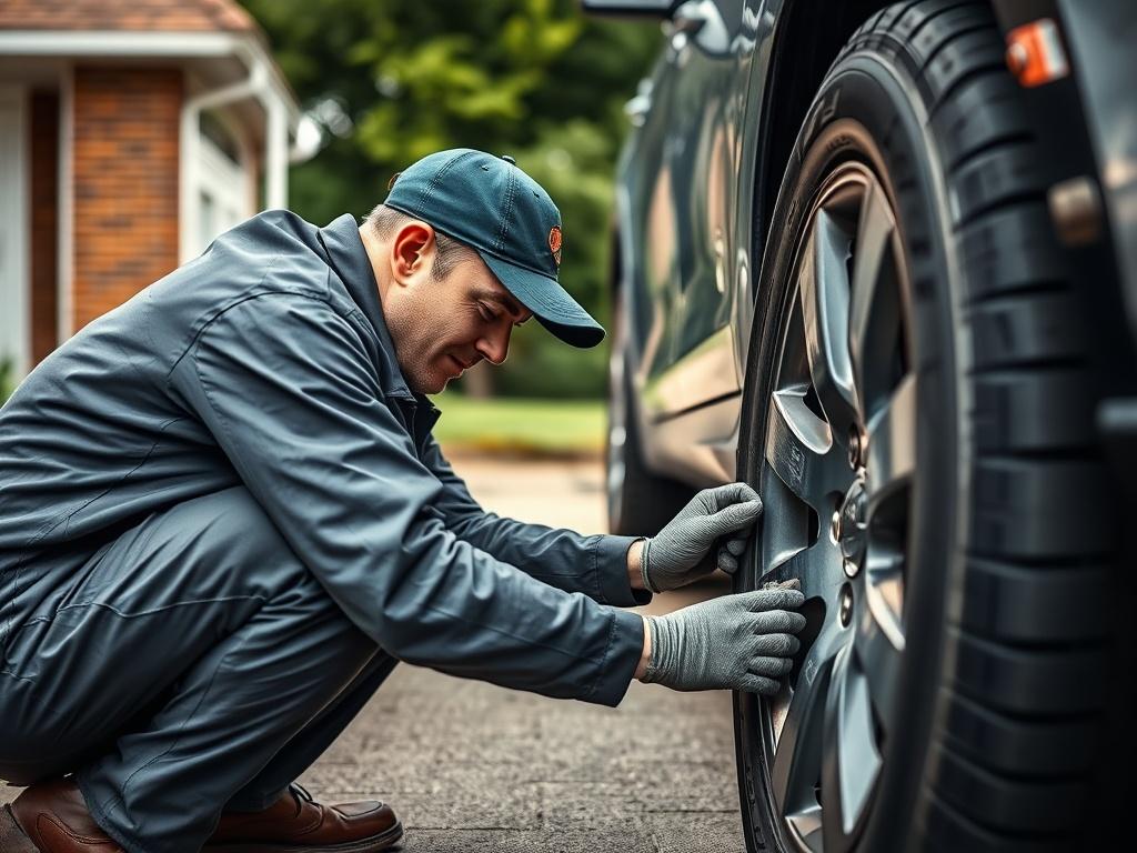 A hyper realistic image of a Tiretechs technician working on