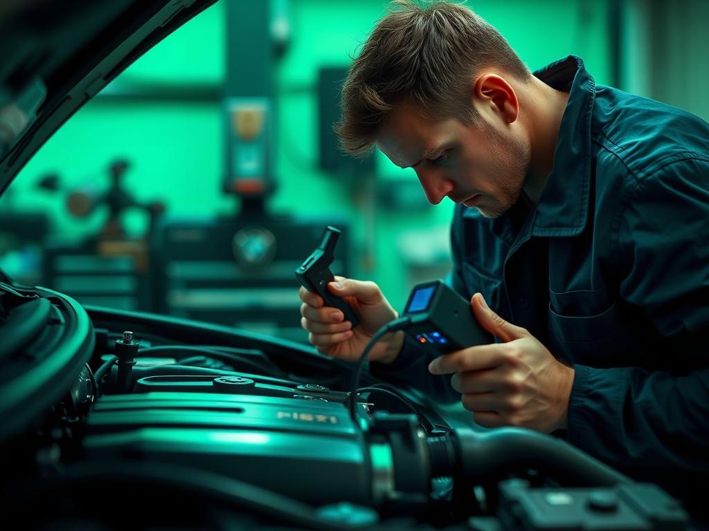 A close up shot of a mechanic inspecting a vehicle's