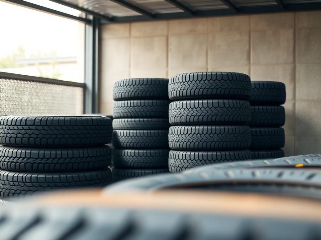 A close up shot of neatly stored tires stacked in