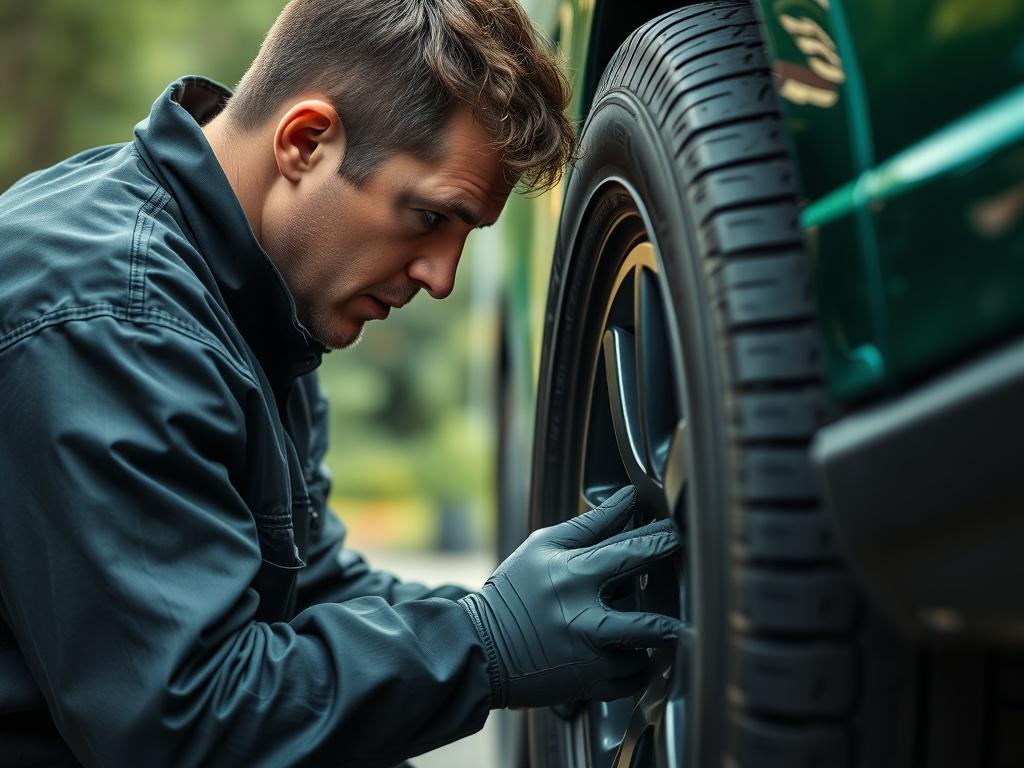 A close up shot of a professional tire technician performing
