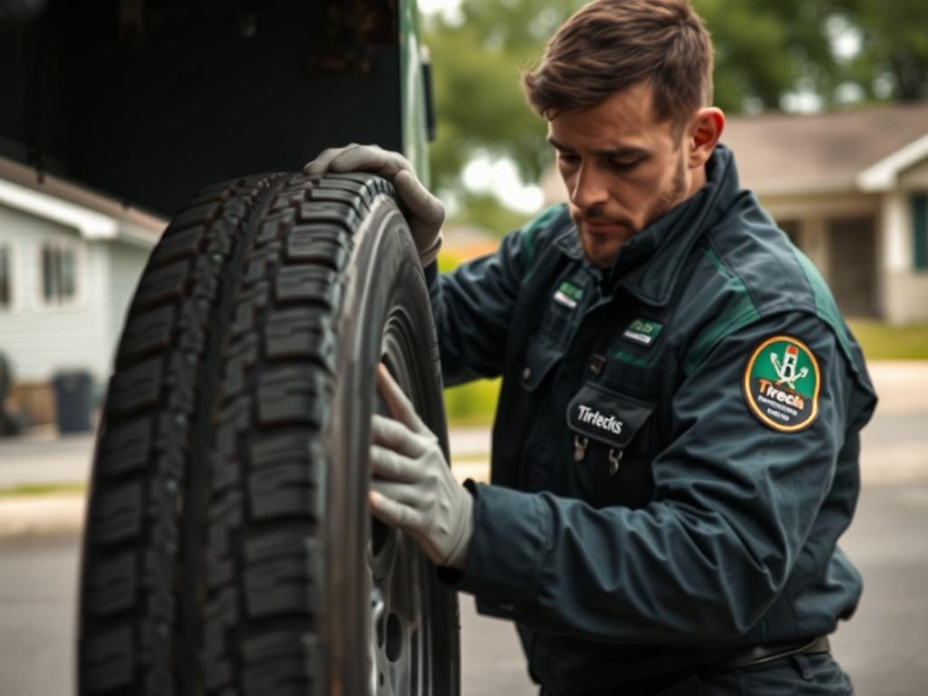A close up shot of a Tiretechs technician working on