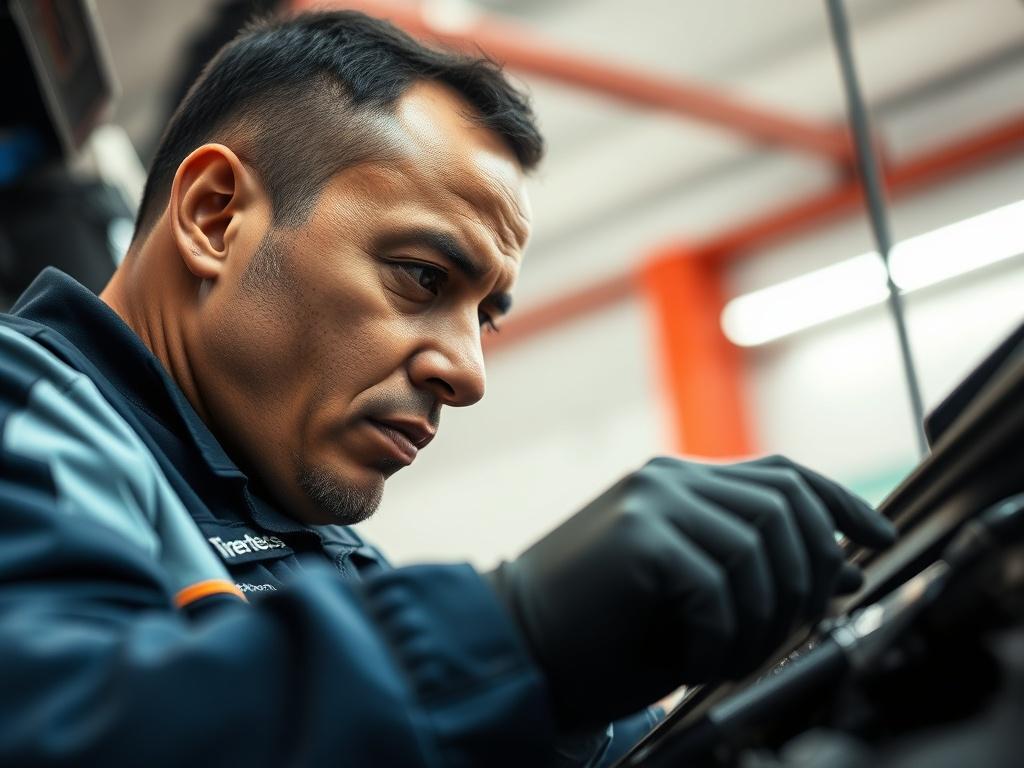 A close up shot of a Tiretechs technician inspecting a