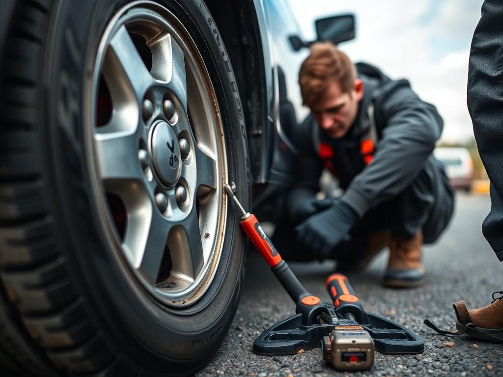 A close up shot of a technician repairing a flat