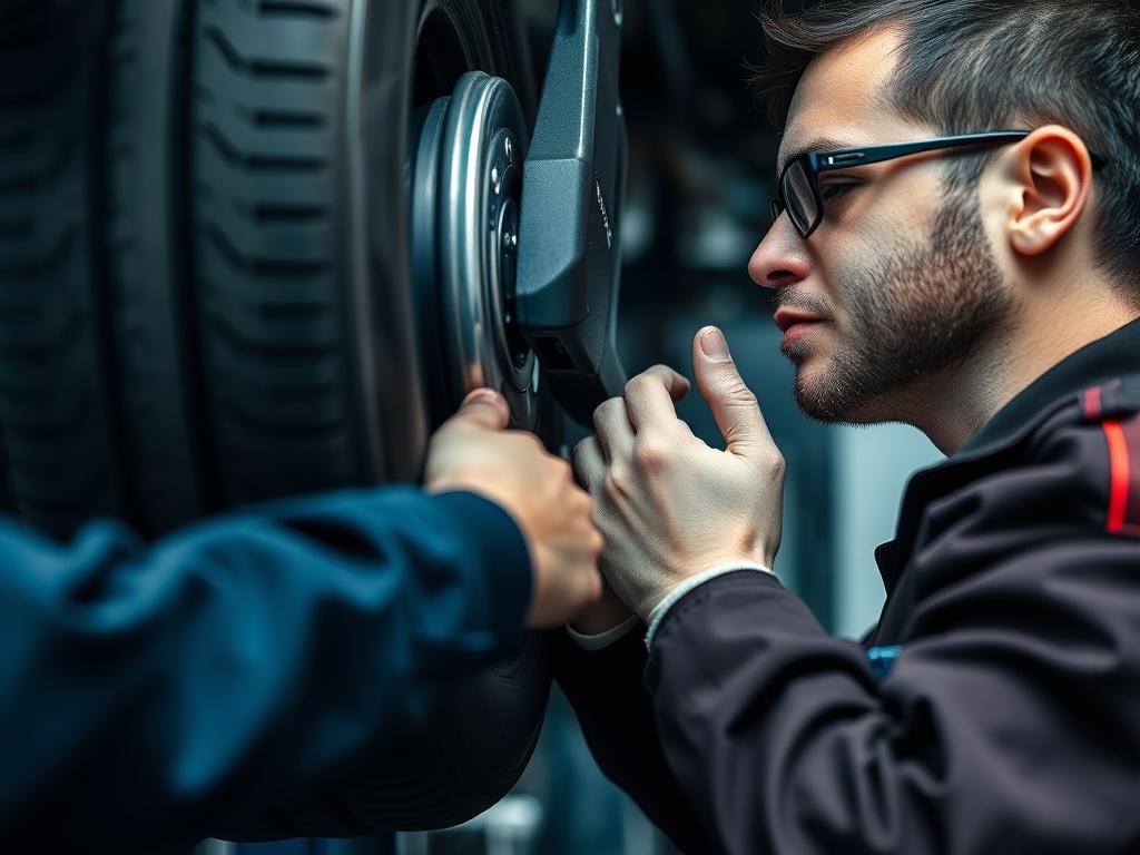 A close up shot of a technician performing tire rotation