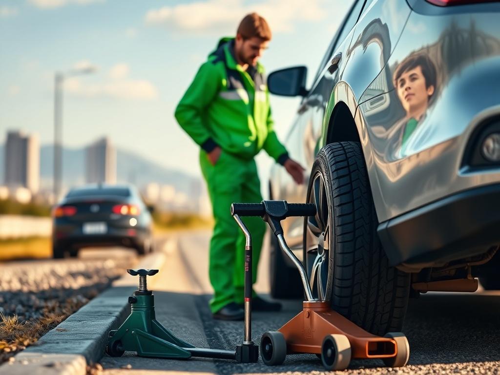 Create a realistic high-resolution photo that visually captures the essence of mobile tire repair services. The composition should feature a dedicated mobile tire repair technician in a bright green uniform, interacting with a client beside a vehicle on the roadside. The technician should be focused on changing a tire, showcasing tools like a jack and tire iron, highlighting the skilled service they provide. The background should depict a clear, sunny day, emphasizing the convenience of mobile repair—possib
