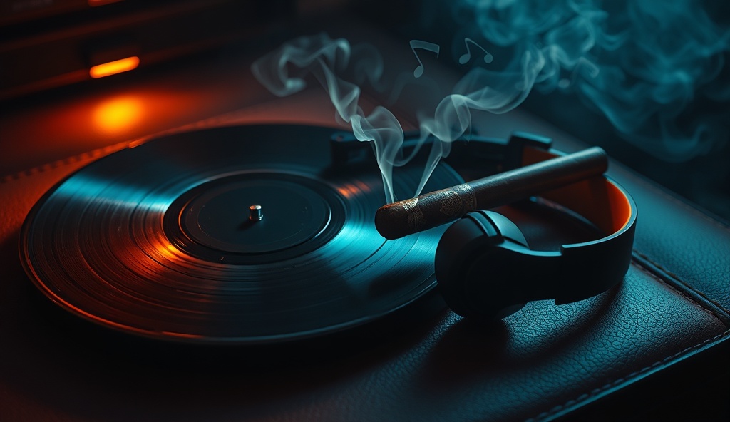 Sound of Tobacco: vinyl record and cigar smoke in atmospheric lighting