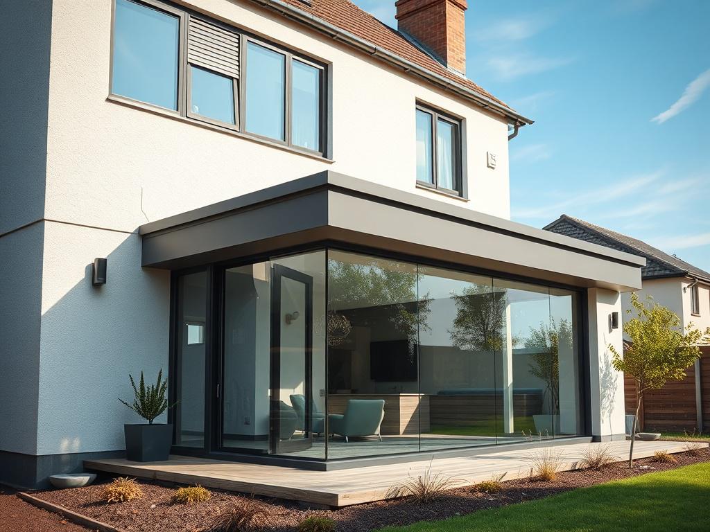 A detailed close-up shot of a newly constructed building extension showcasing modern architectural design elements. The image should highlight the seamless integration between the extension and the existing structure, captured with natural light to emphasize the quality of craftsmanship. The background should remain simple, focusing on the extension, shot with a 45mm f/1.2 lens.
