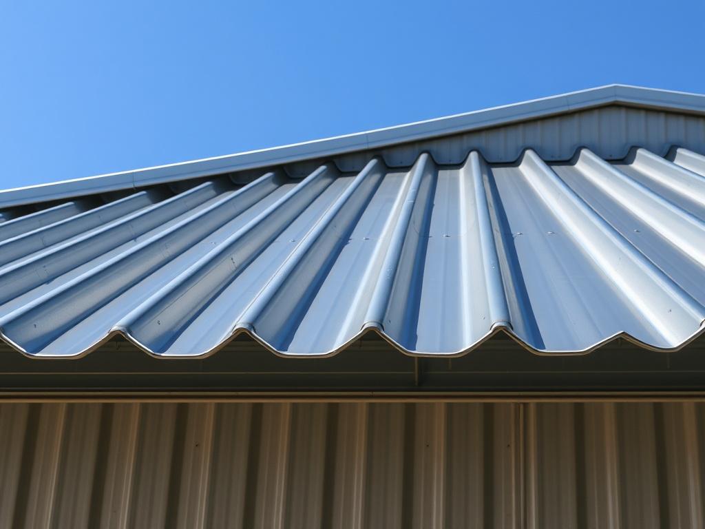A close-up shot of a steel roof installation showcasing shiny, robust steel panels under bright daylight. The image should highlight the texture and sheen of the steel, with a clean background to emphasize the roofing structure. The composition should be simple, focusing solely on the roof panels, shot with a 45mm f/1.2 lens.