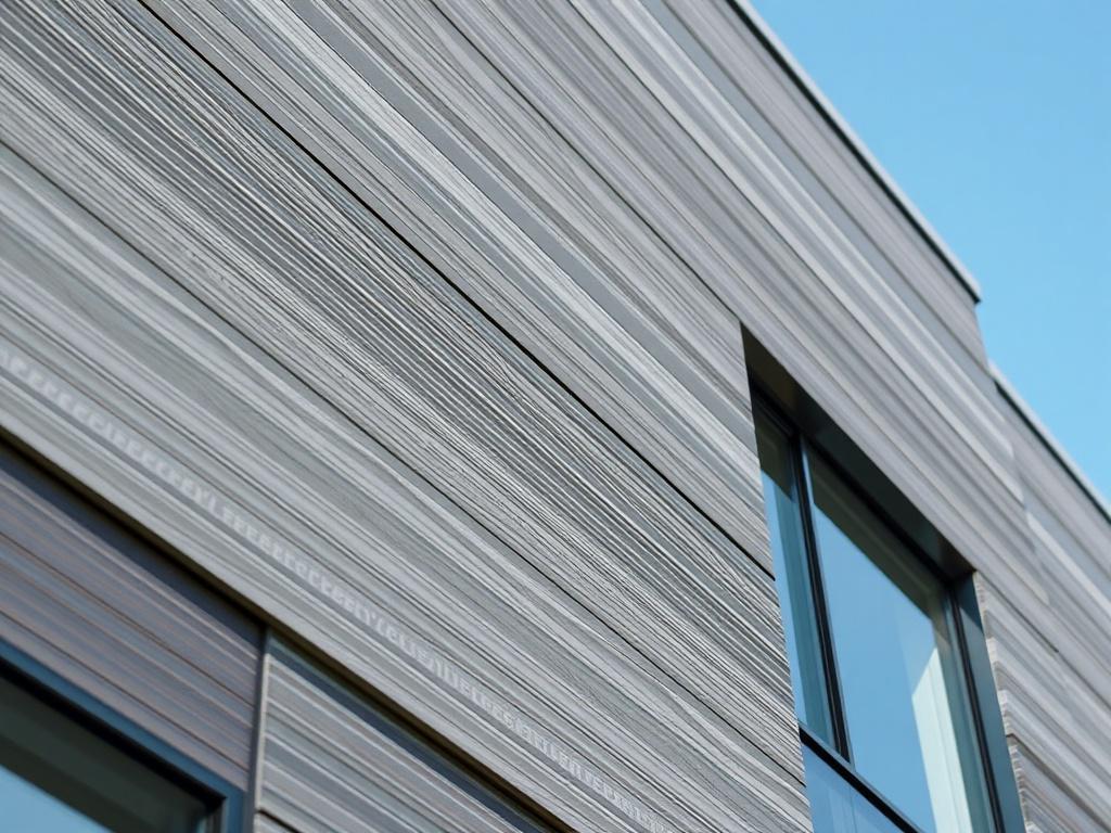 A hyper-realistic close-up of an advanced cladding system installed on a modern building facade. The image should showcase the intricate patterns and textures of the cladding materials, with natural light accentuating its features. The background should be unobtrusive, allowing the cladding to be the focal point, captured with a 45mm f/1.2 lens.