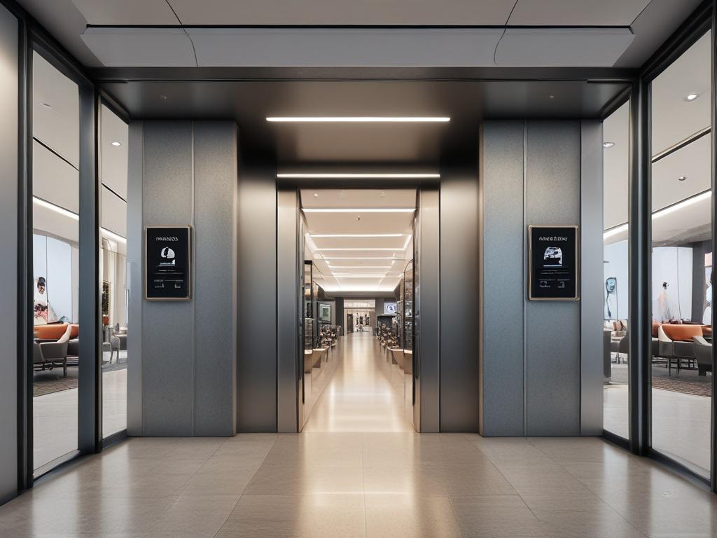 A modern lift interior, showcasing sleek stainless steel finishes and advanced control panel, surrounded by a contemporary mall environment. The image should focus on the lift's interior with a clean, bright background, shot in hyper-realistic style, capturing details like the lift buttons and smooth surfaces with a 45mm f/1.2 lens.