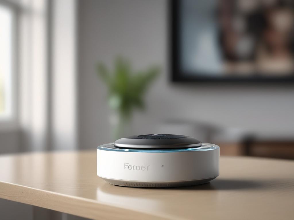 A hyper-realistic close-up of a modern AI home automation device, showcasing sleek design and advanced technology. The device should be displayed on a stylish table in a contemporary living room setting, with soft natural lighting enhancing the features. The background should be subtly blurred to emphasize the device, creating a focus on its details. The color palette should incorporate shades that harmonize with an rgb(3, 125, 201) theme, ensuring a visually appealing composition.