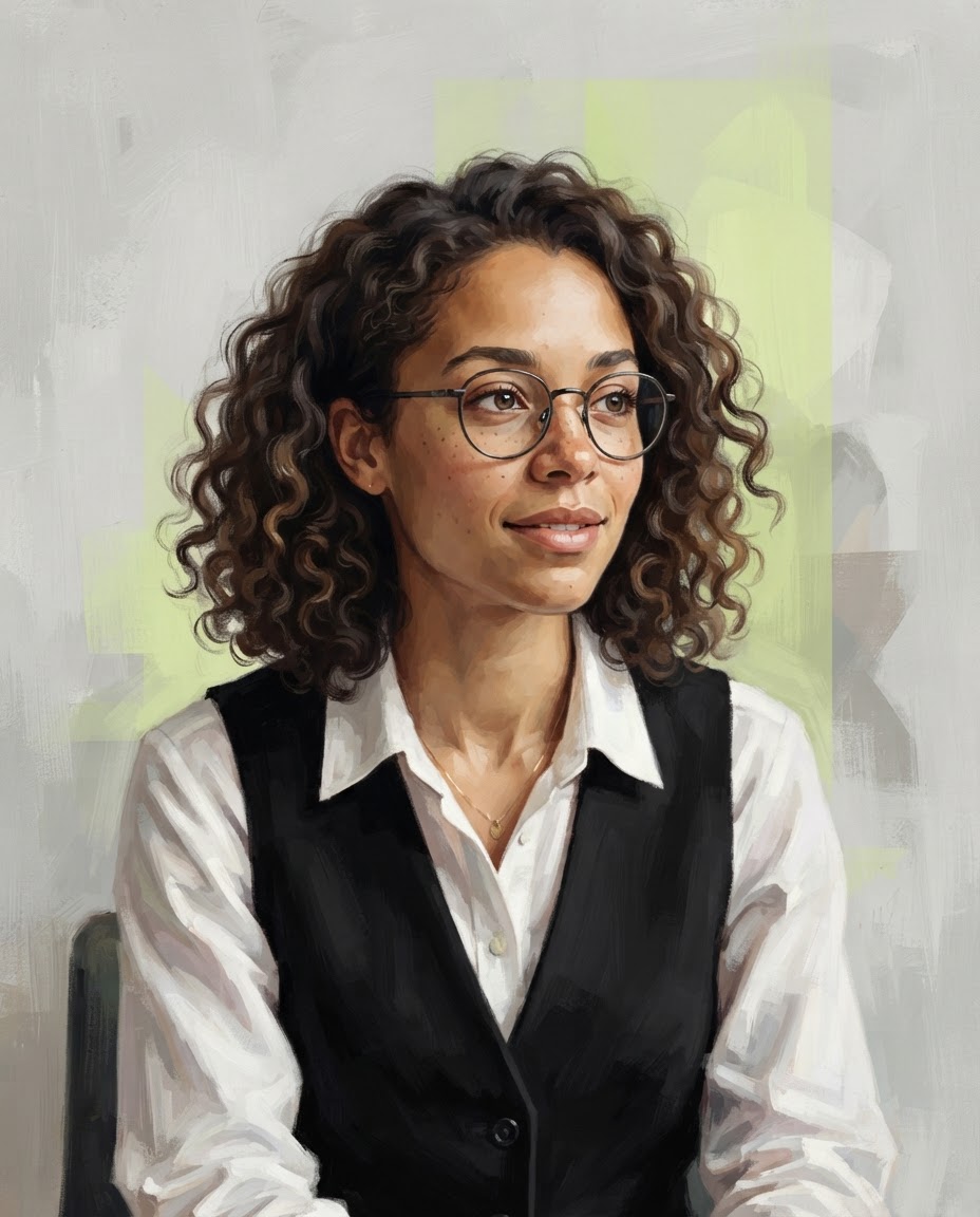 Illustrated portrait of Chloe Mercer, Content Designer