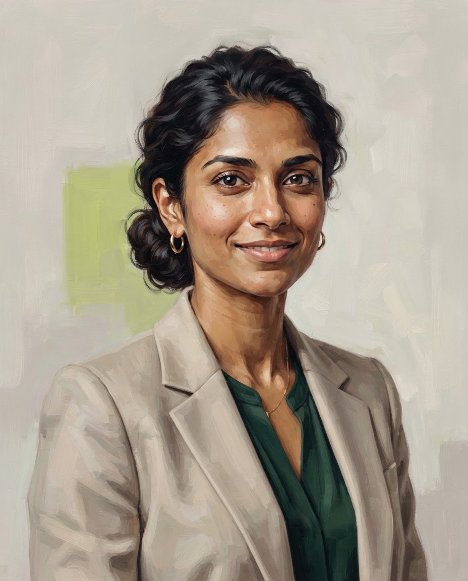 Illustrated portrait of Priya Nair, Head of Product Design