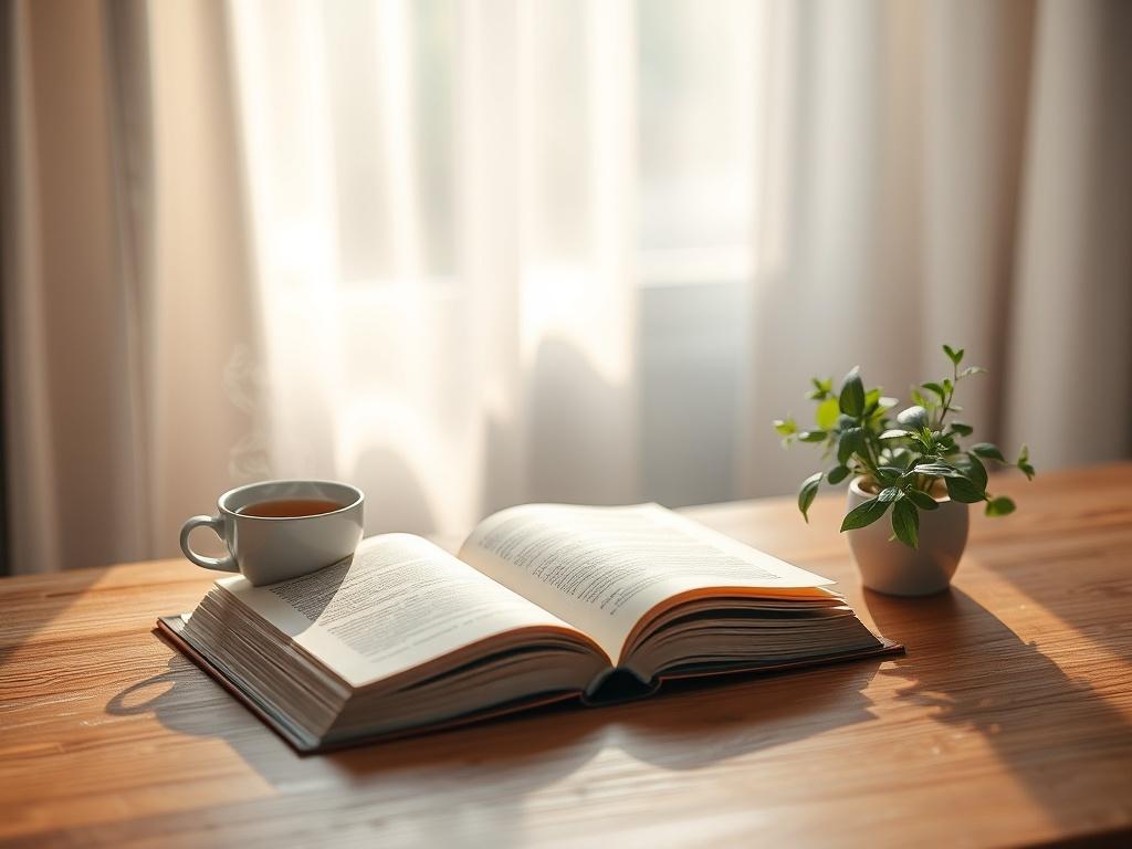 A serene and cozy setting with a single open book