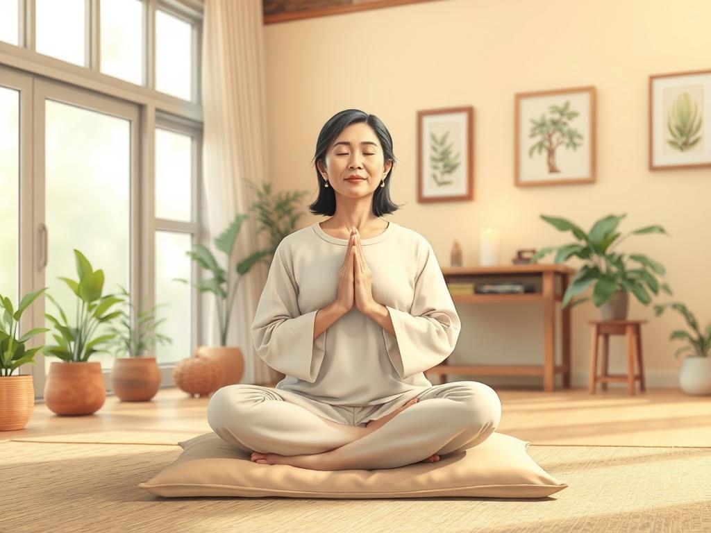 Create a realistic, high-resolution photo that embodies the theme "Daily Prayer: Finding Peace." 

**Subject Matter**: Illustrate a serene scene of a person, a middle-aged woman of Asian descent, sitting cross-legged on a comfortable cushion in a peaceful indoor setting. The woman has a calm and meditative expression, her eyes gently closed, as she holds her hands in a prayer position at her heart center. 

**Background**: The setting should feature a softly lit room with warm, inviting tones. Incorporate l