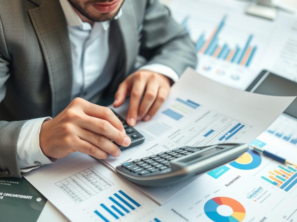 A close-up shot of a confident business professional reviewing tax documents with a calculator, surrounded by financial graphs and charts, showcasing a sense of achievement and clarity in financial planning.
