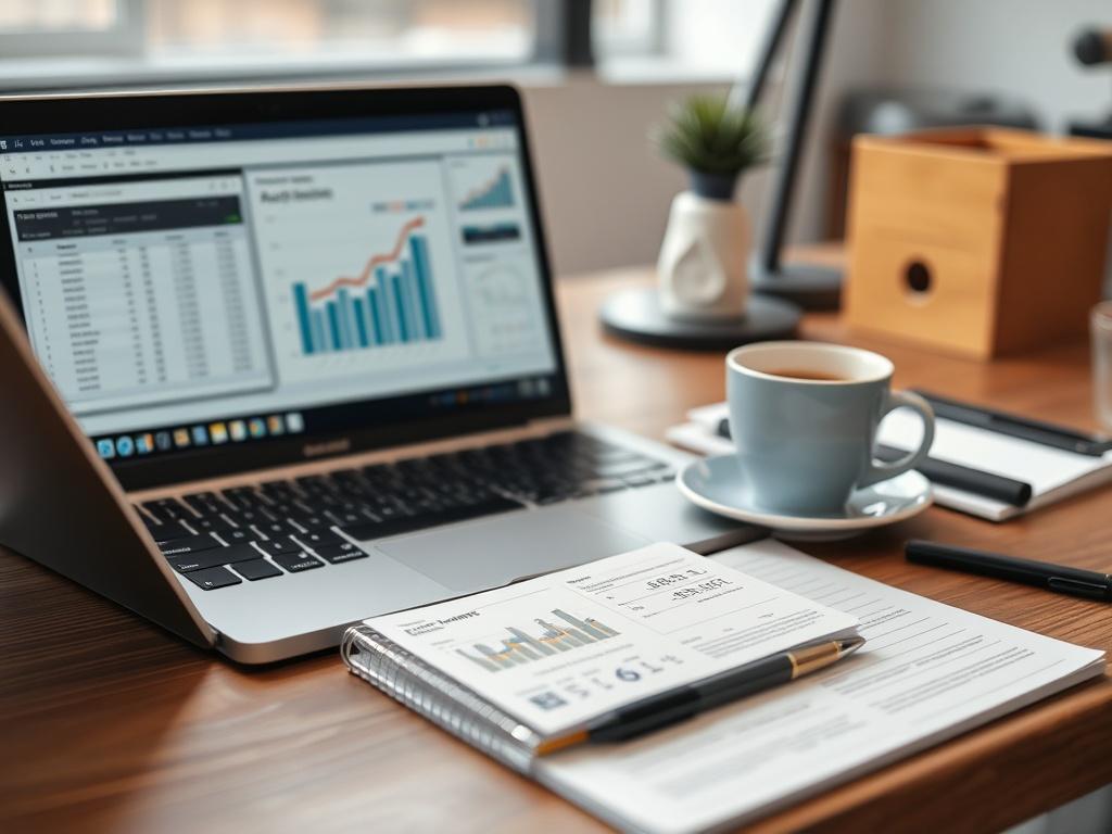 A close-up shot of a modern workspace with a neatly organized desk featuring a laptop showing accounting software, a notepad with financial notes, and a coffee cup, symbolizing productivity and efficiency.