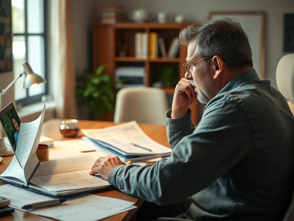 A close-up shot of a concerned individual sitting at a desk surrounded by piles of tax documents and an IRS notice. The person appears anxious yet hopeful, looking at a laptop with a CPA helping them on a video call. The background is softly blurred, showing a warm and inviting office space. The primary color in the image should complement the rgb(50, 170, 39) theme.