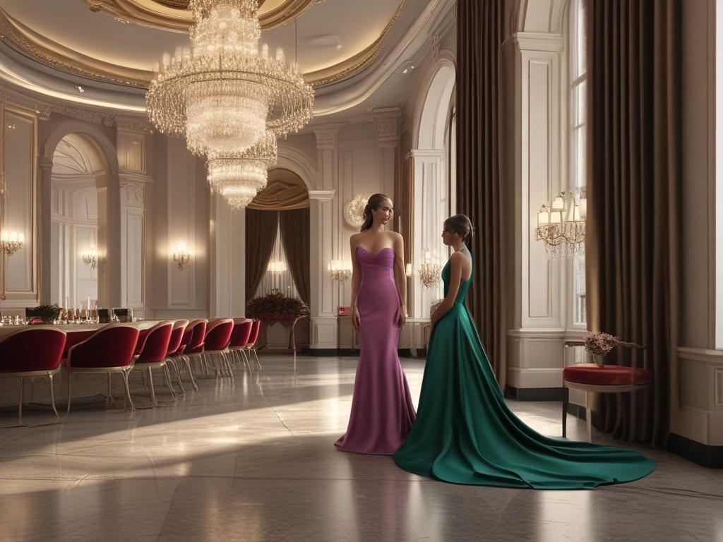 A glamorous VIP escort in an elegant evening gown, standing