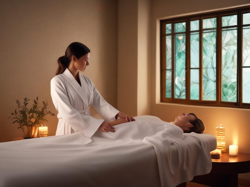 A serene spa room with soft lighting and calming decor