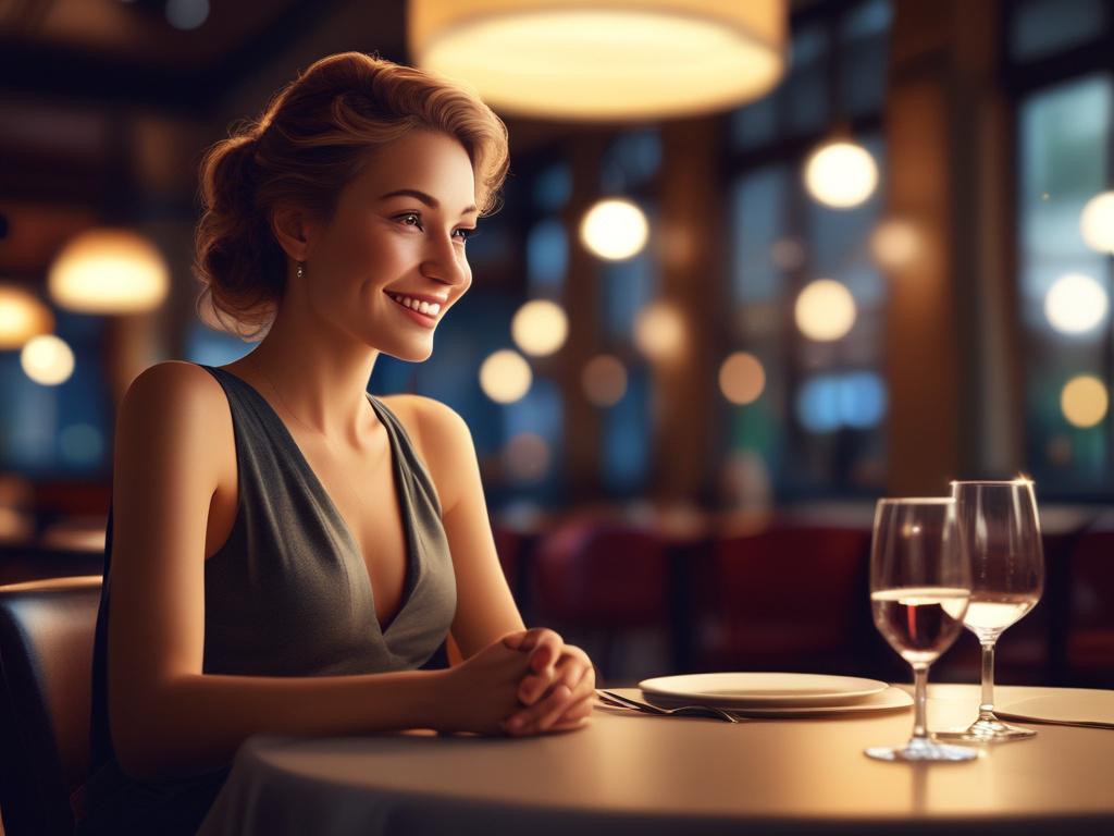 A beautiful young woman in elegant evening attire, sitting at
