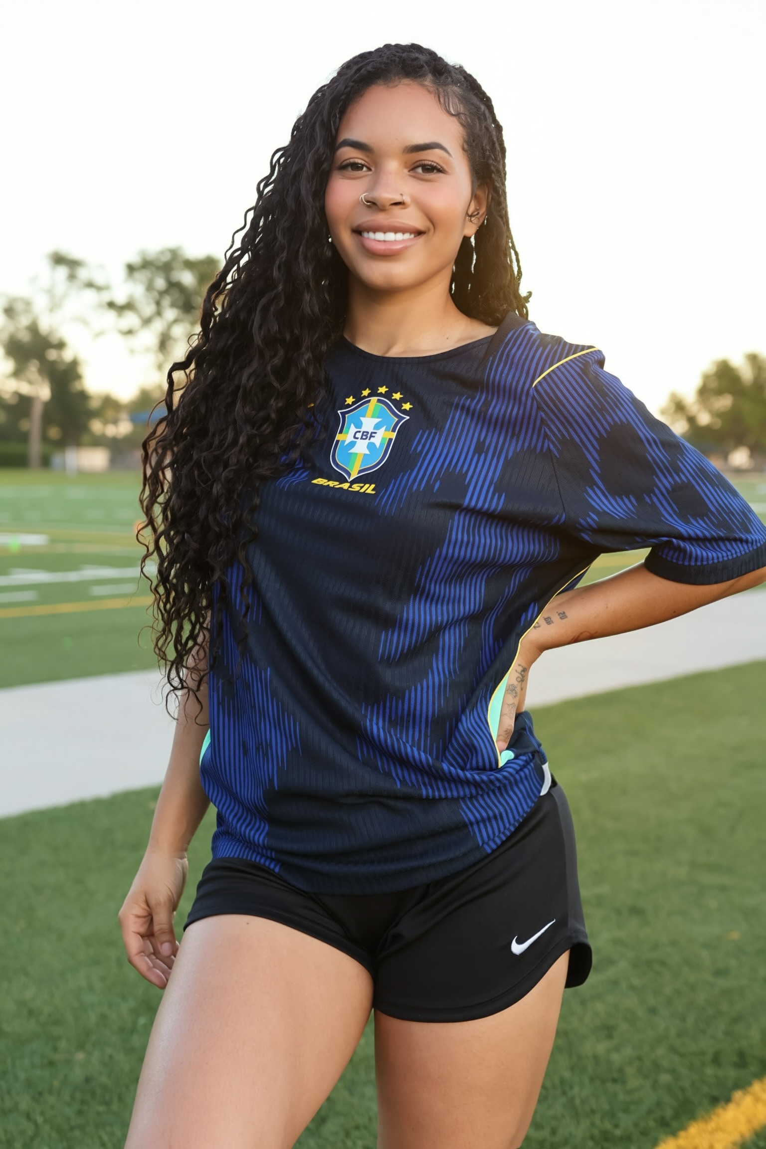 Athlete portrait in a soccer jersey on the field.
